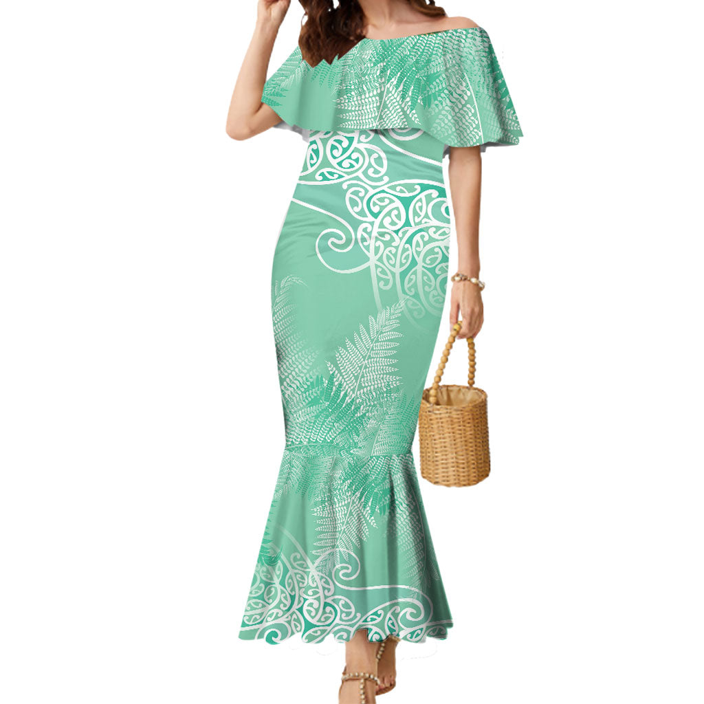 Aotearoa Maori Koru Curves Mermaid Dress Silver Ferns - Mint LT7 Women Mint Green - Polynesian Pride