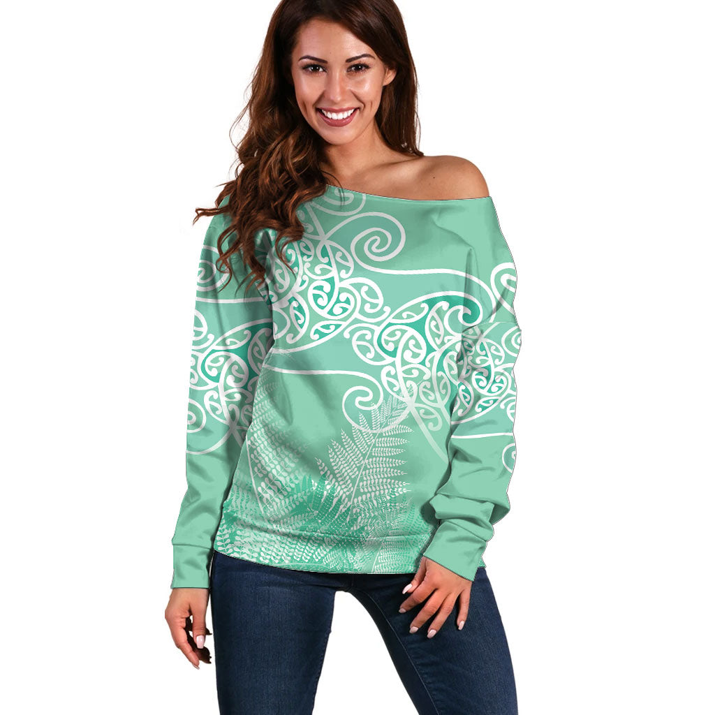 Aotearoa Maori Koru Curves Off Shoulder Sweater Silver Ferns - Mint