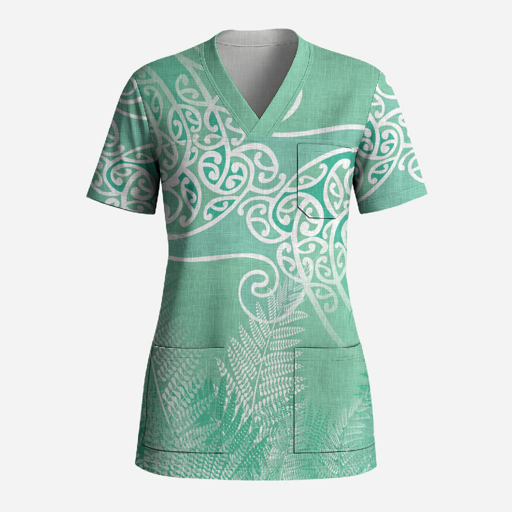 Aotearoa Maori Koru Curves Scrub Top Silver Ferns - Mint LT7 Adult Mint Green - Polynesian Pride