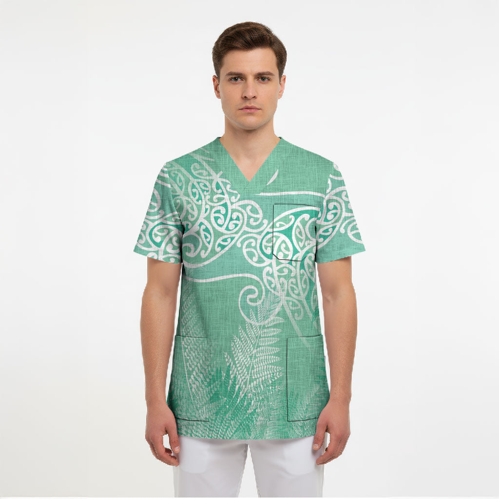 Aotearoa Maori Koru Curves Scrub Top Silver Ferns - Mint LT7 - Polynesian Pride