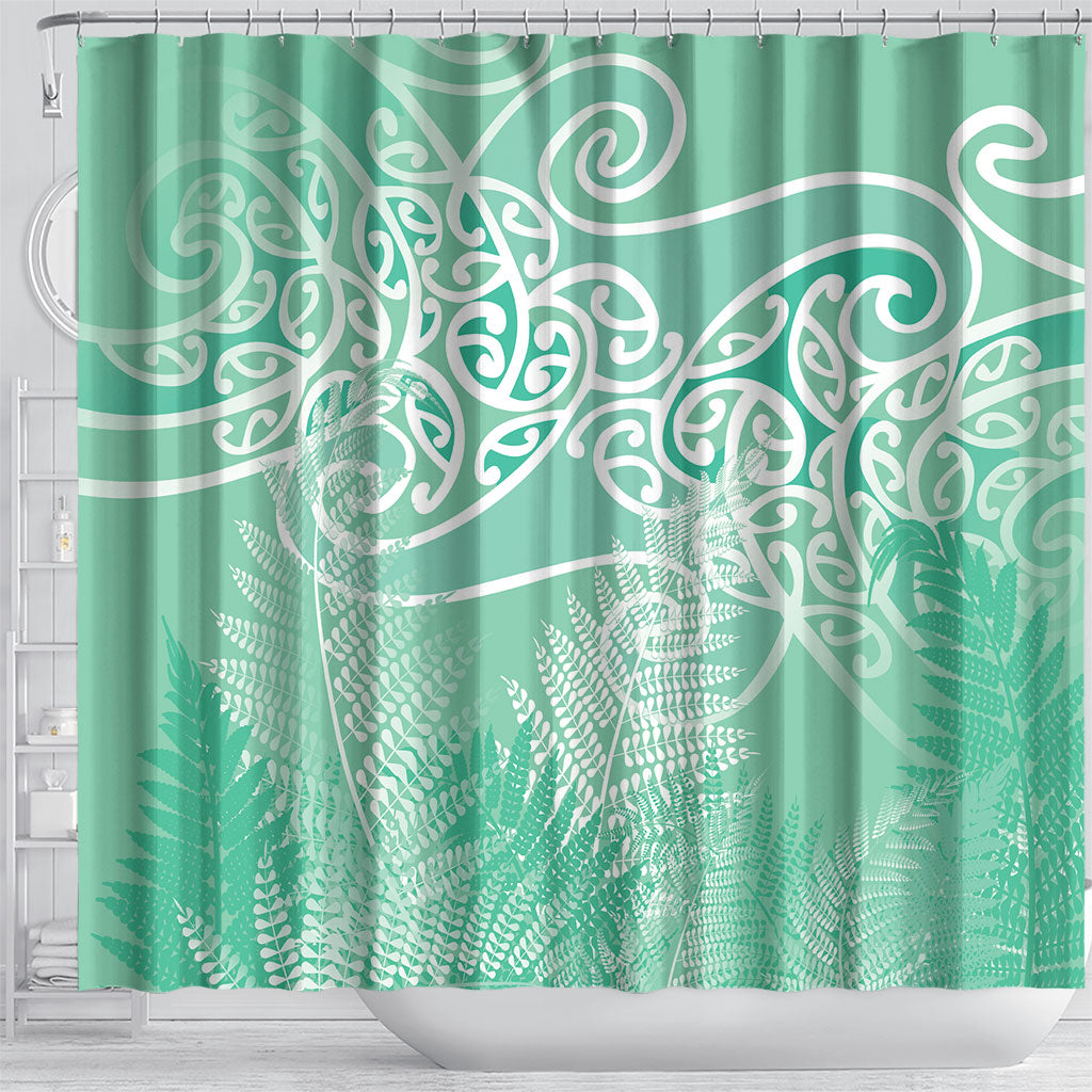 Aotearoa Maori Koru Curves Shower Curtain Silver Ferns - Mint LT7 - Polynesian Pride
