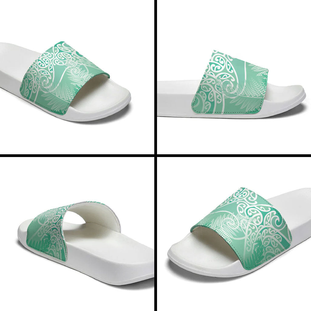 Aotearoa Maori Koru Curves Slide Sandals Silver Ferns - Mint LT7 - Polynesian Pride