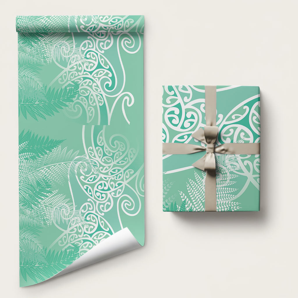 Aotearoa Maori Koru Curves Wrapping Paper Silver Ferns - Mint