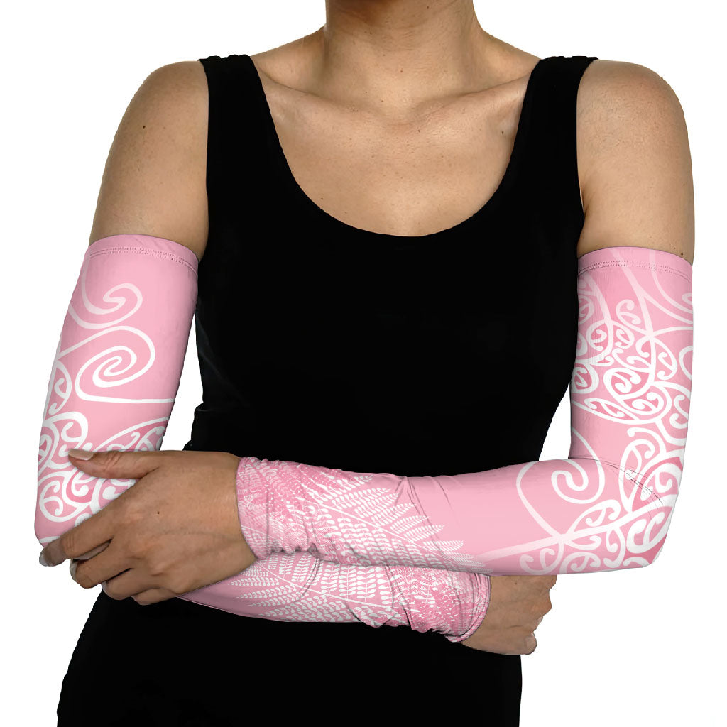 Aotearoa Maori Koru Curves Arm Sleeves Silver Ferns - Rose Pink LT7 - Polynesian Pride