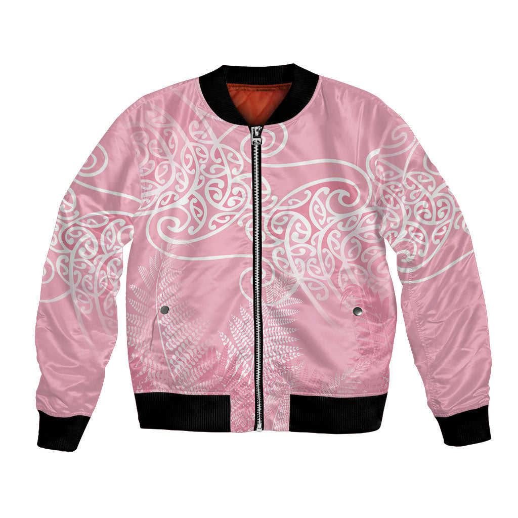 Aotearoa Maori Koru Curves Bomber Jacket Silver Ferns - Rose Pink LT7 Unisex Pink - Polynesian Pride