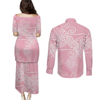 Aotearoa Maori Koru Curves Couples Matching Puletasi and Long Sleeve Button Shirt Silver Ferns - Rose Pink LT7 - Polynesian Pride