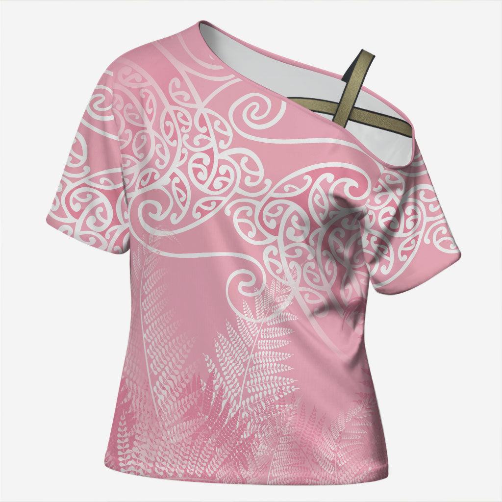 Aotearoa Maori Koru Curves Cross Shoulder Shirt Silver Ferns - Rose Pink LT7 Female Pink - Polynesian Pride