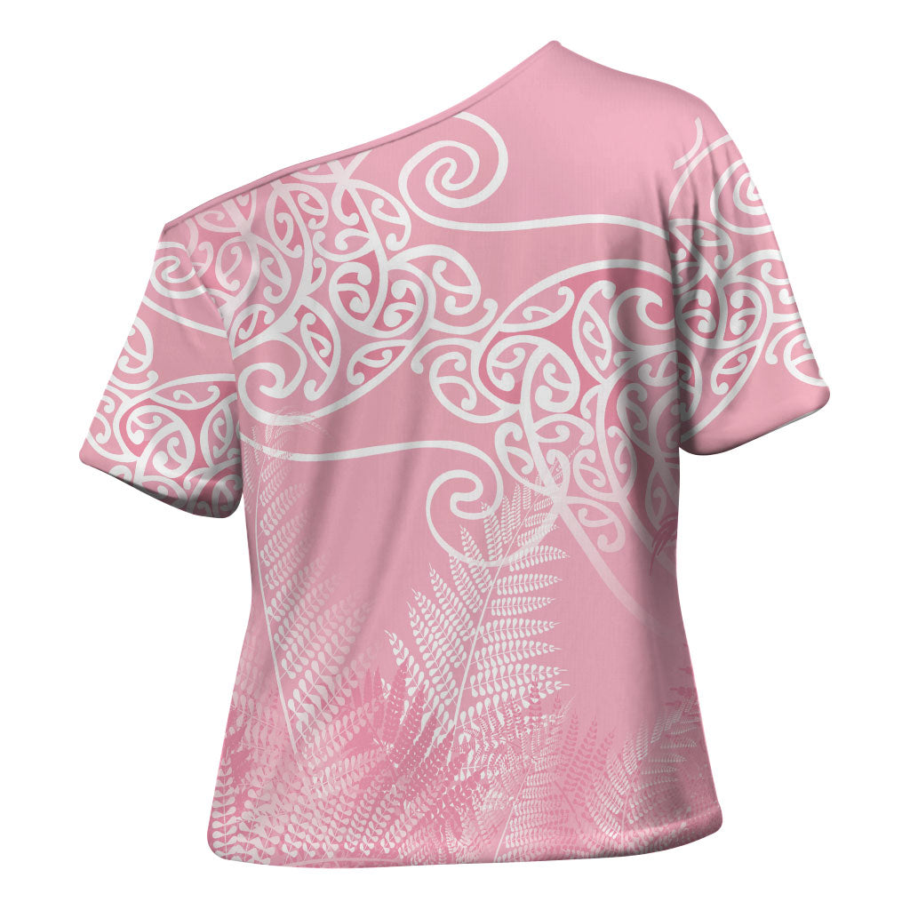 Aotearoa Maori Koru Curves Cross Shoulder Shirt Silver Ferns - Rose Pink LT7 - Polynesian Pride