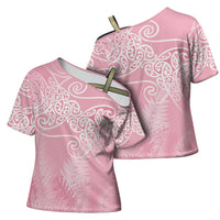 Aotearoa Maori Koru Curves Cross Shoulder Shirt Silver Ferns - Rose Pink LT7 - Polynesian Pride