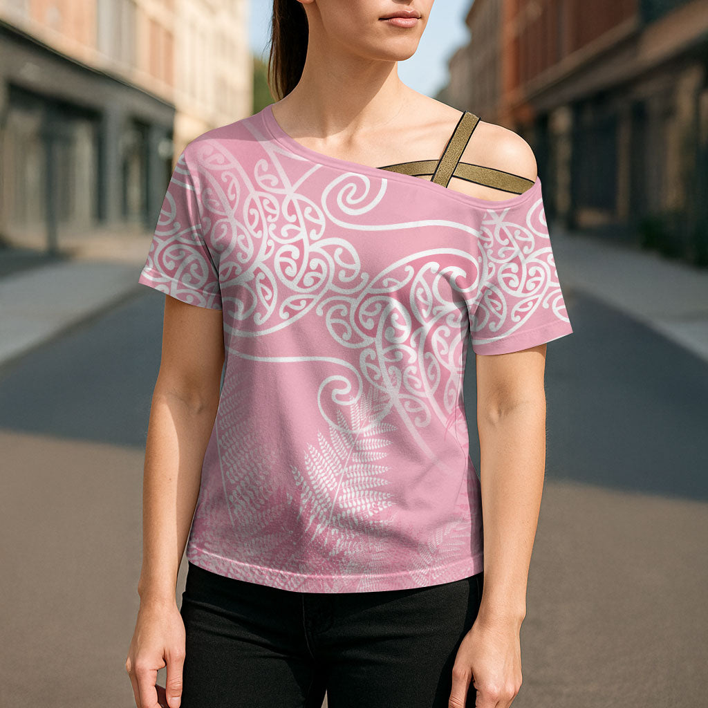 Aotearoa Maori Koru Curves Cross Shoulder Shirt Silver Ferns - Rose Pink LT7 - Polynesian Pride