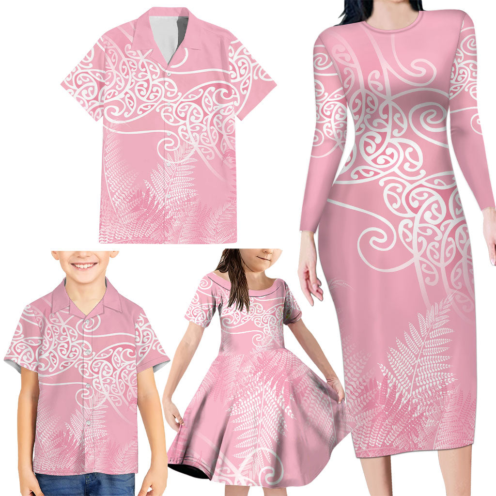 Aotearoa Maori Koru Curves Family Matching Long Sleeve Bodycon Dress and Hawaiian Shirt Silver Ferns - Rose Pink