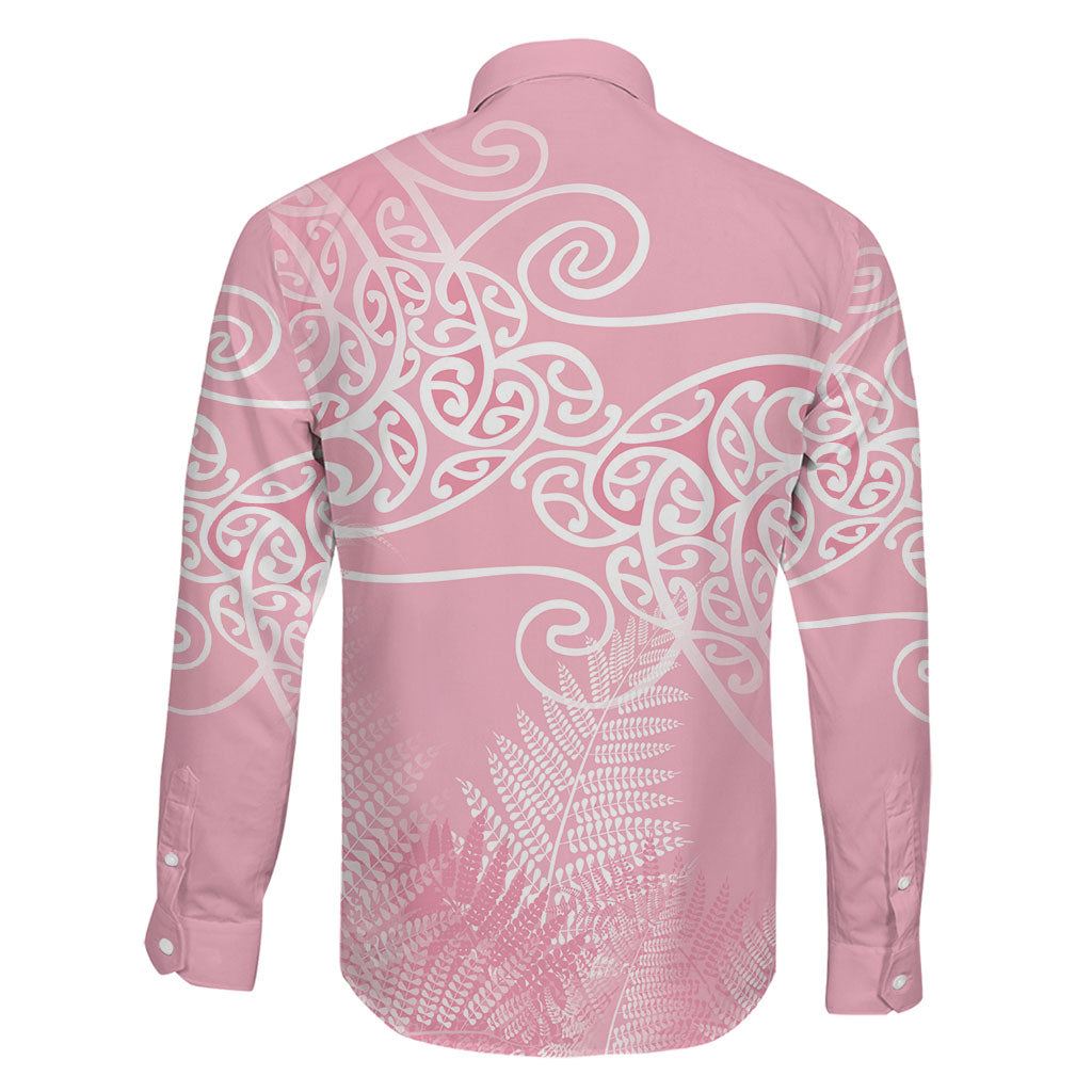 Aotearoa Maori Koru Curves Family Matching Off The Shoulder Long Sleeve Dress and Hawaiian Shirt Silver Ferns - Rose Pink LT7 - Polynesian Pride