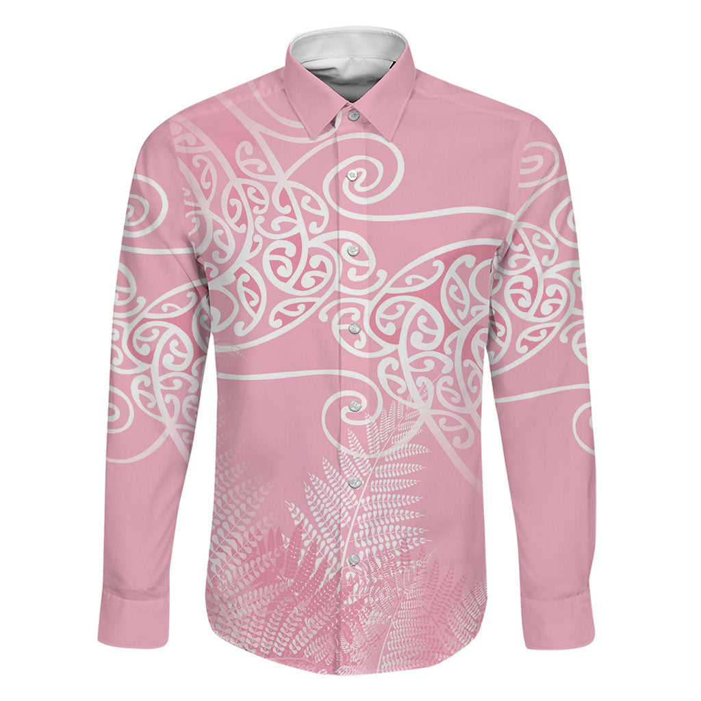 Aotearoa Maori Koru Curves Family Matching Off Shoulder Maxi Dress and Hawaiian Shirt Silver Ferns - Rose Pink LT7 Dad's Shirt - Long Sleeve Pink - Polynesian Pride
