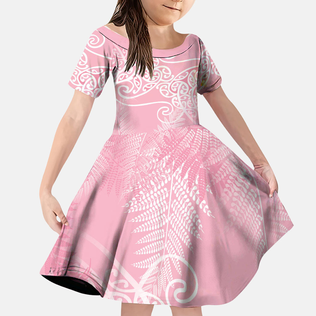 Aotearoa Maori Koru Curves Family Matching Short Sleeve Bodycon Dress and Hawaiian Shirt Silver Ferns - Rose Pink LT7 Daughter's Dress Pink - Polynesian Pride