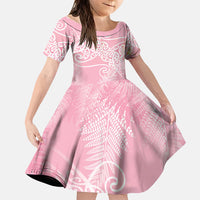 Aotearoa Maori Koru Curves Family Matching Short Sleeve Bodycon Dress and Hawaiian Shirt Silver Ferns - Rose Pink LT7 Daughter's Dress Pink - Polynesian Pride