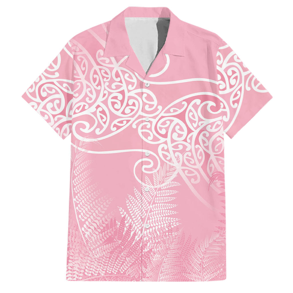 Aotearoa Maori Koru Curves Family Matching Short Sleeve Bodycon Dress and Hawaiian Shirt Silver Ferns - Rose Pink LT7 Dad's Shirt - Short Sleeve Pink - Polynesian Pride