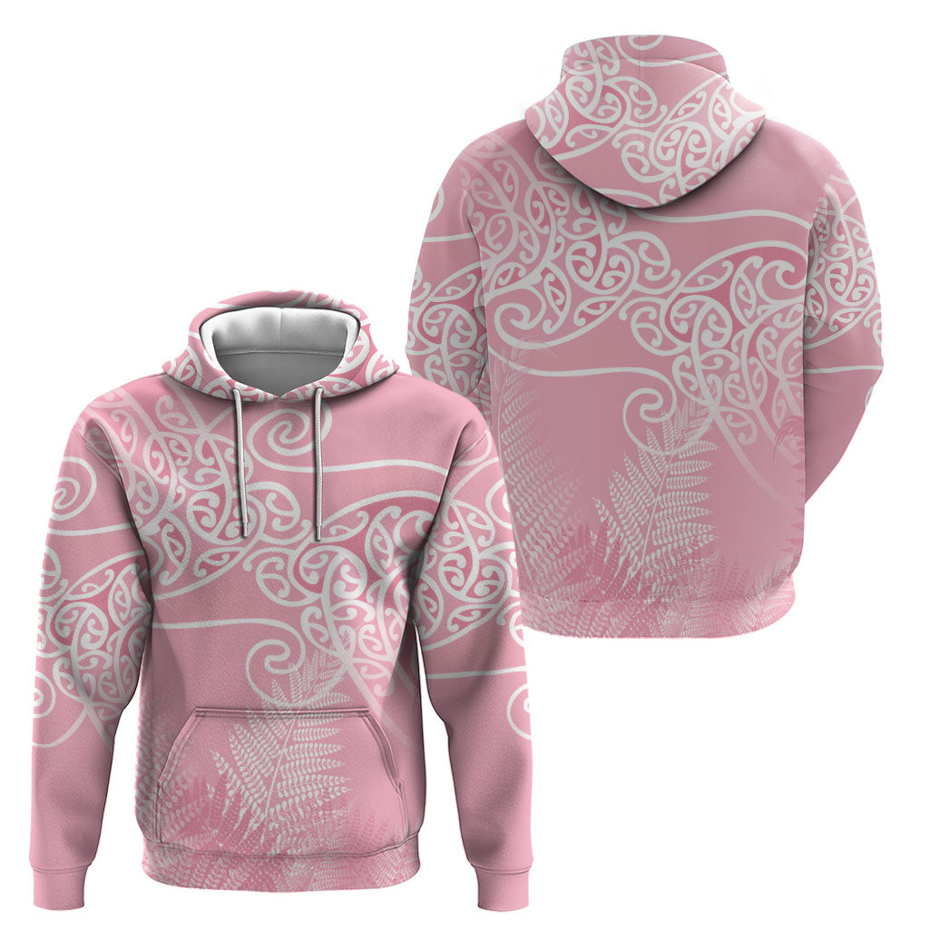 Aotearoa Maori Koru Curves Hoodie Silver Ferns - Rose Pink LT7 - Polynesian Pride