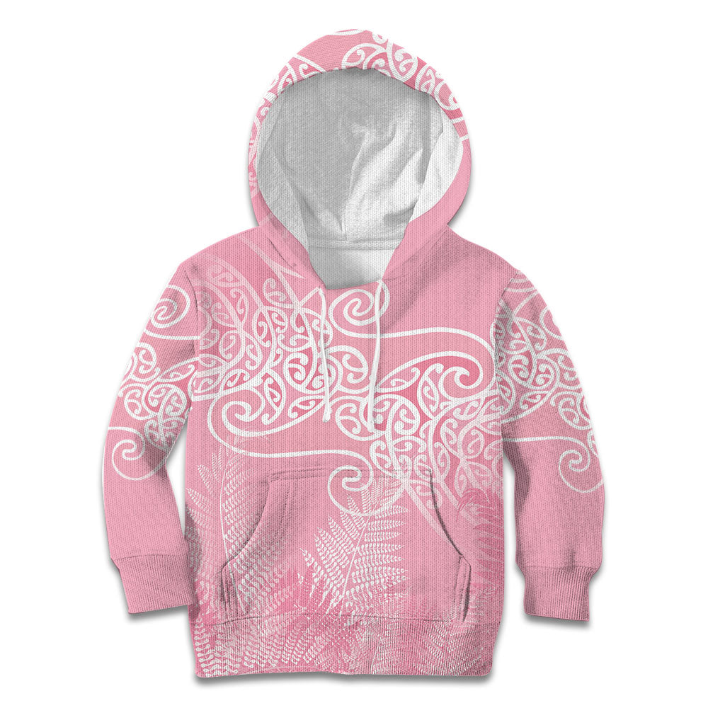 Aotearoa Maori Koru Curves Kid Hoodie Silver Ferns - Rose Pink