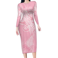 Aotearoa Maori Koru Curves Long Sleeve Bodycon Dress Silver Ferns - Rose Pink LT7 Long Dress Pink - Polynesian Pride