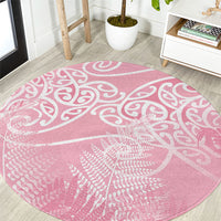 Aotearoa Maori Koru Curves Round Carpet Silver Ferns - Rose Pink LT7 Pink - Polynesian Pride