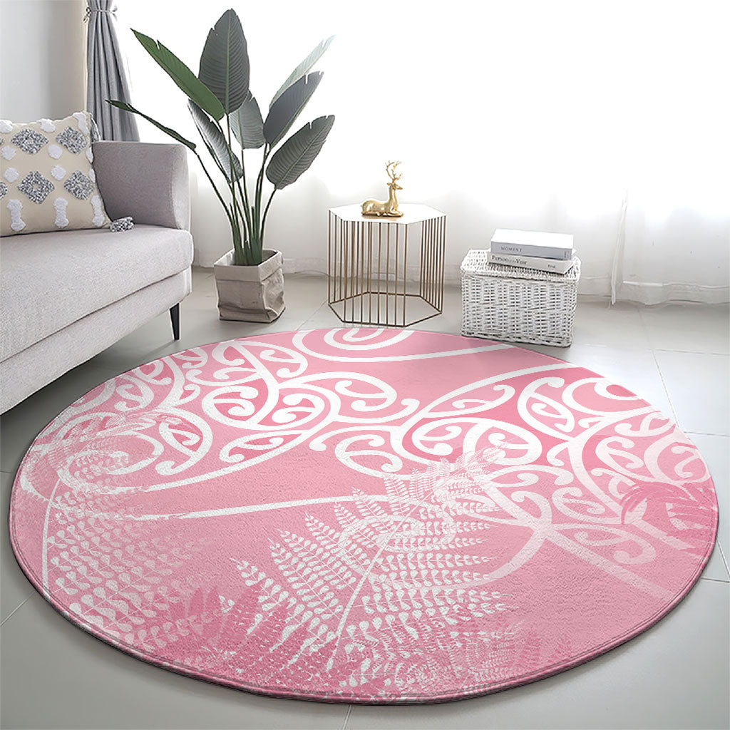 Aotearoa Maori Koru Curves Round Carpet Silver Ferns - Rose Pink LT7 - Polynesian Pride