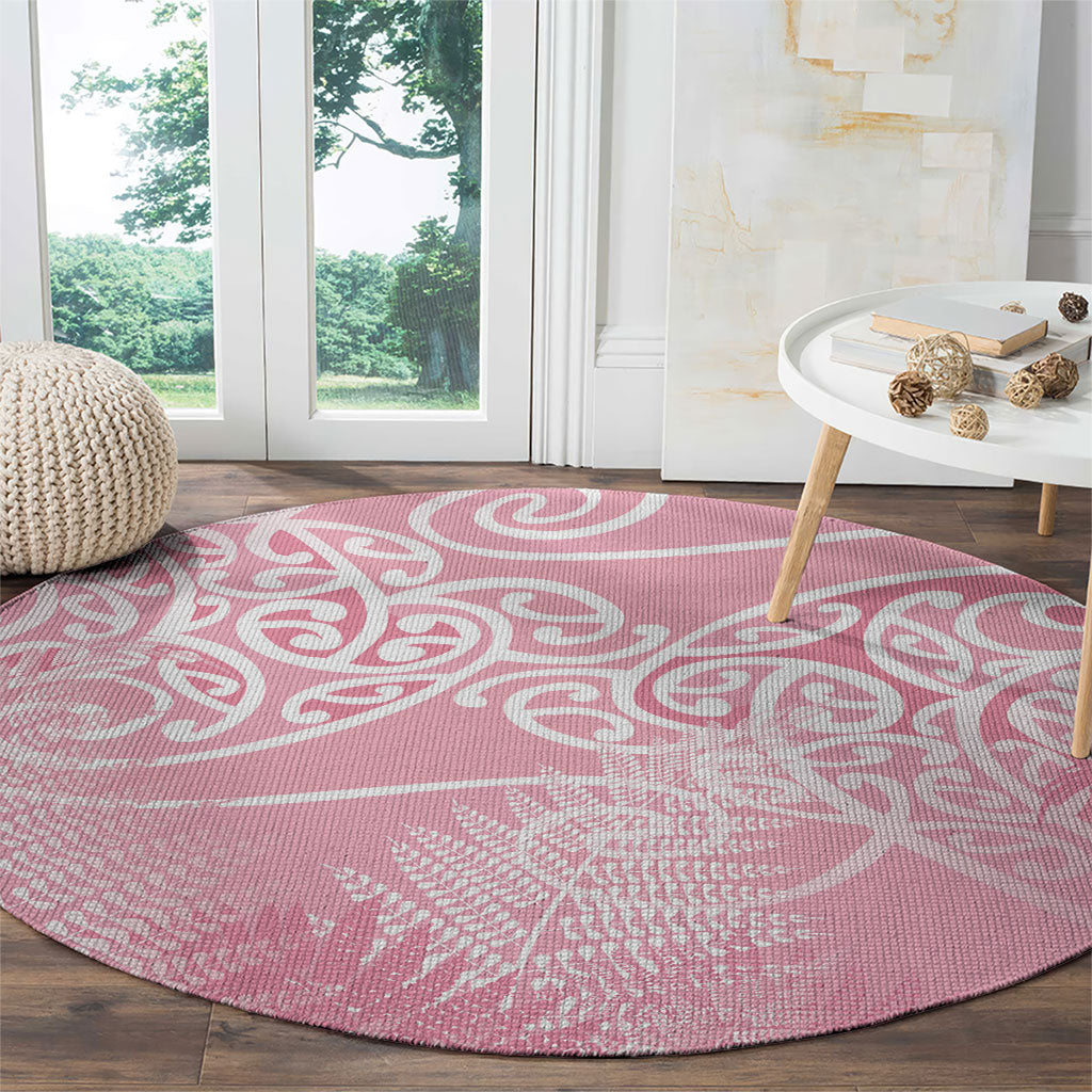 Aotearoa Maori Koru Curves Round Carpet Silver Ferns - Rose Pink LT7 - Polynesian Pride