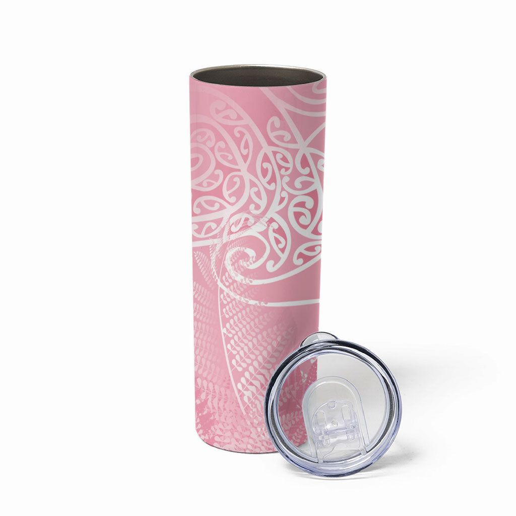 Aotearoa Maori Koru Curves Skinny Tumbler Silver Ferns - Rose Pink LT7 - Polynesian Pride