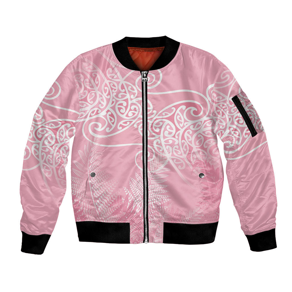 Aotearoa Maori Koru Curves Sleeve Zip Bomber Jacket Silver Ferns - Rose Pink LT7 Unisex Pink - Polynesian Pride
