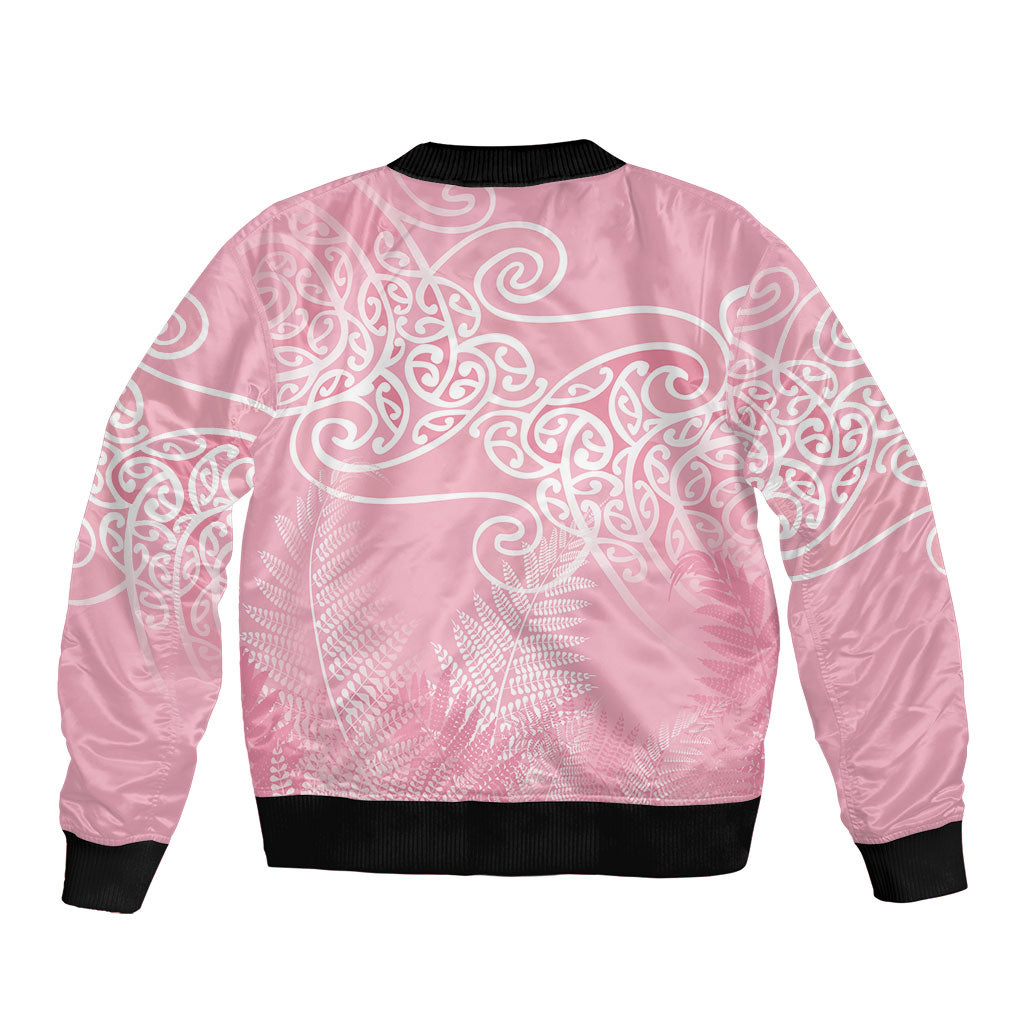 Aotearoa Maori Koru Curves Sleeve Zip Bomber Jacket Silver Ferns - Rose Pink LT7 - Polynesian Pride