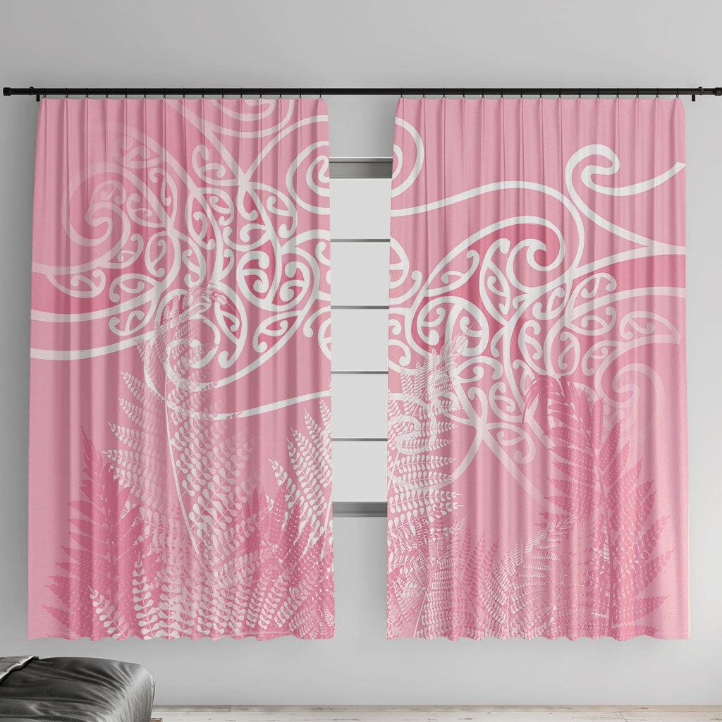 Aotearoa Maori Koru Curves Window Curtain Silver Ferns - Rose Pink LT7 With Hooks Pink - Polynesian Pride