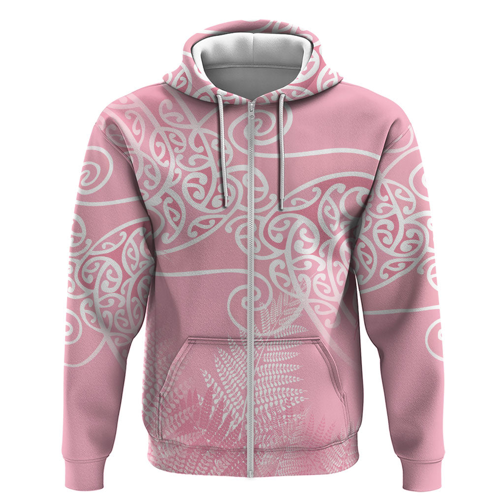 Aotearoa Maori Koru Curves Zip Hoodie Silver Ferns - Rose Pink LT7 Zip Hoodie Pink - Polynesian Pride