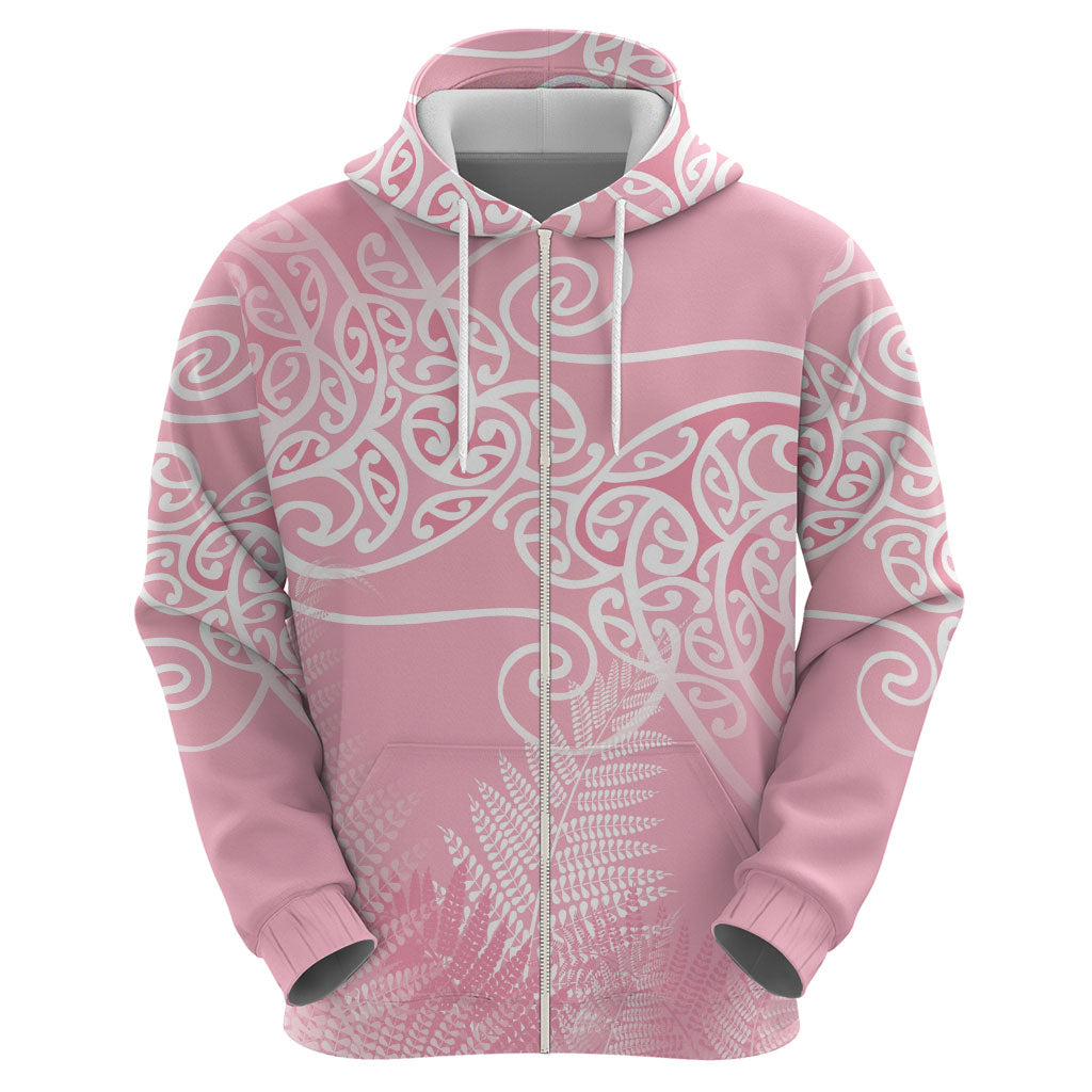 Aotearoa Maori Koru Curves Zip Hoodie Silver Ferns - Rose Pink LT7 - Polynesian Pride