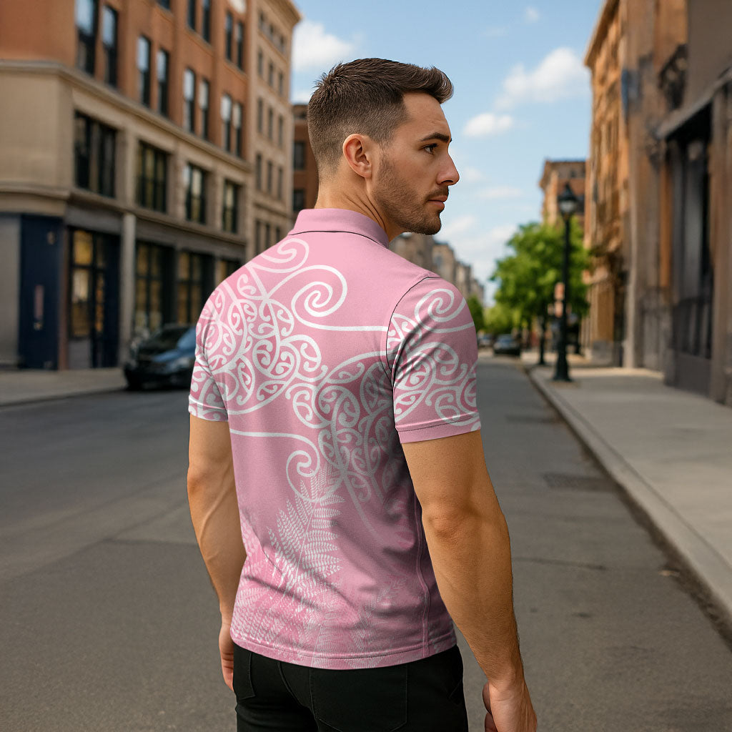 Aotearoa Maori Koru Curves Zipper Polo Shirt Silver Ferns - Rose Pink LT7 - Polynesian Pride