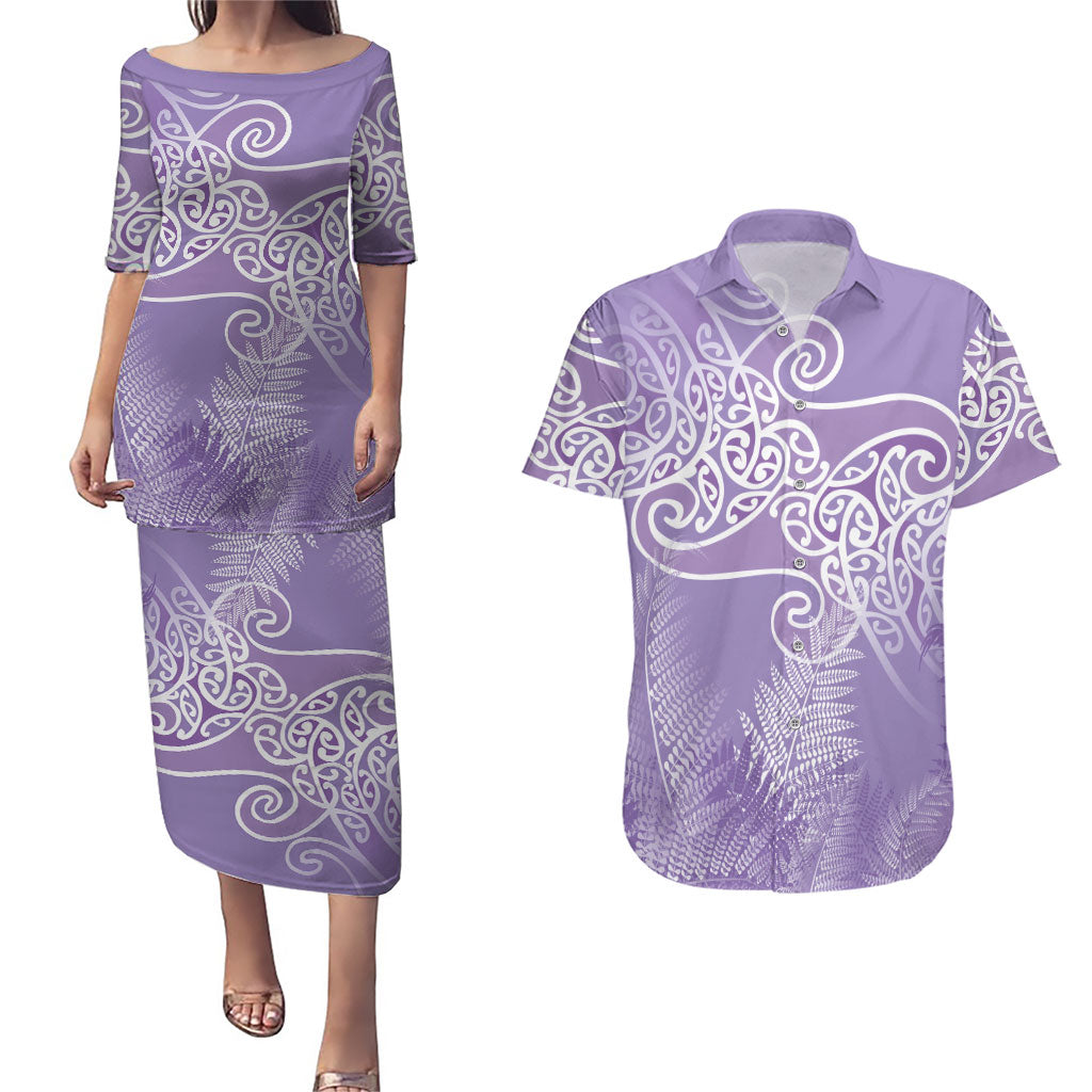 Aotearoa Maori Koru Curves Couples Matching Puletasi and Hawaiian Shirt Silver Ferns - Amethyst LT7 Purple - Polynesian Pride