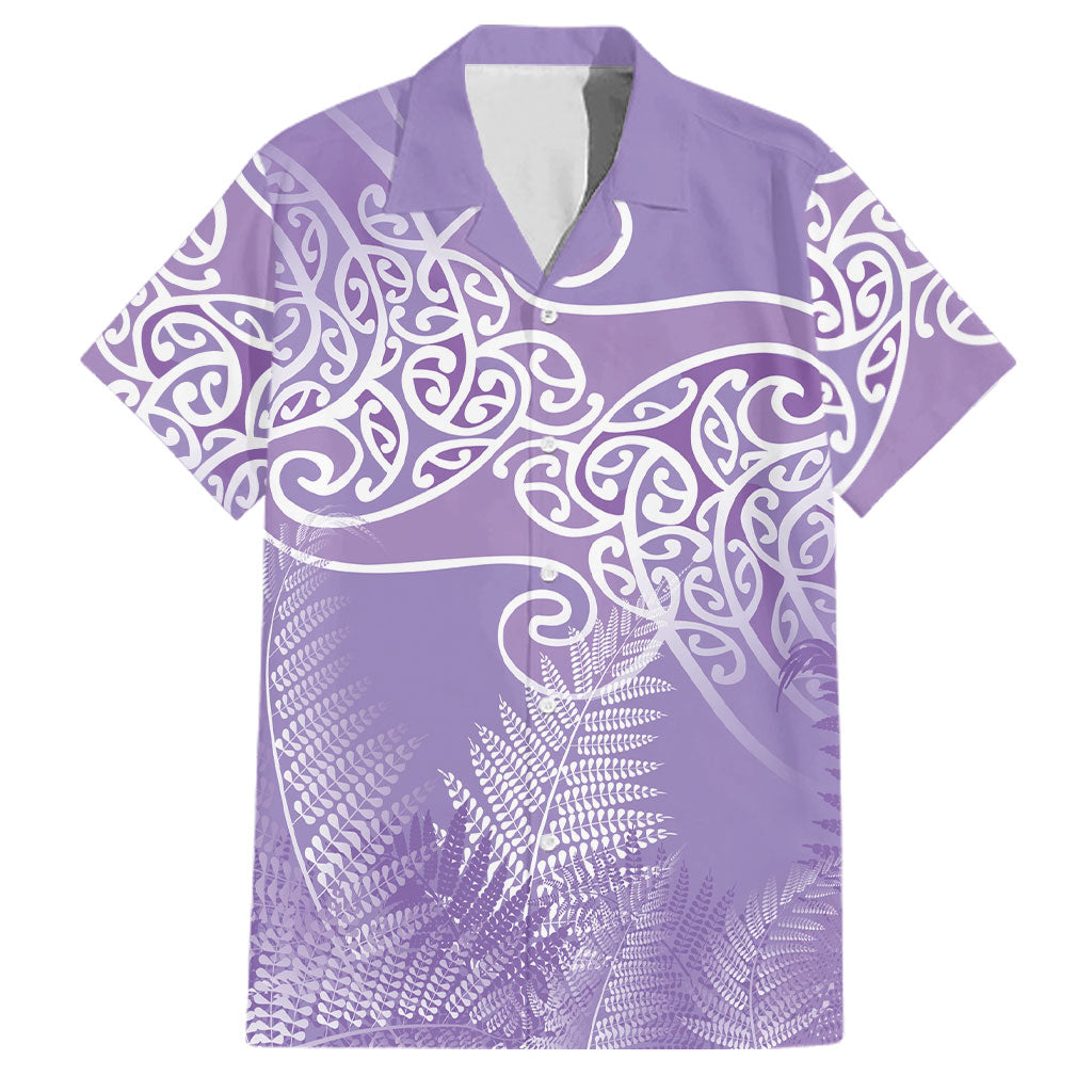 Aotearoa Maori Koru Curves Family Matching Puletasi and Hawaiian Shirt Silver Ferns - Amethyst LT7 Dad's Shirt - Short Sleeve Purple - Polynesian Pride