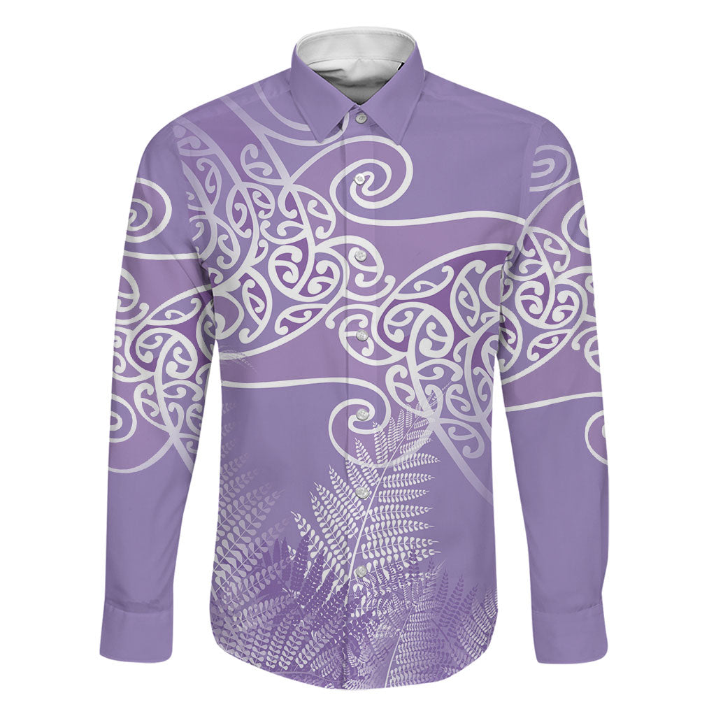 Aotearoa Maori Koru Curves Family Matching Puletasi and Hawaiian Shirt Silver Ferns - Amethyst LT7 Dad's Shirt - Long Sleeve Purple - Polynesian Pride