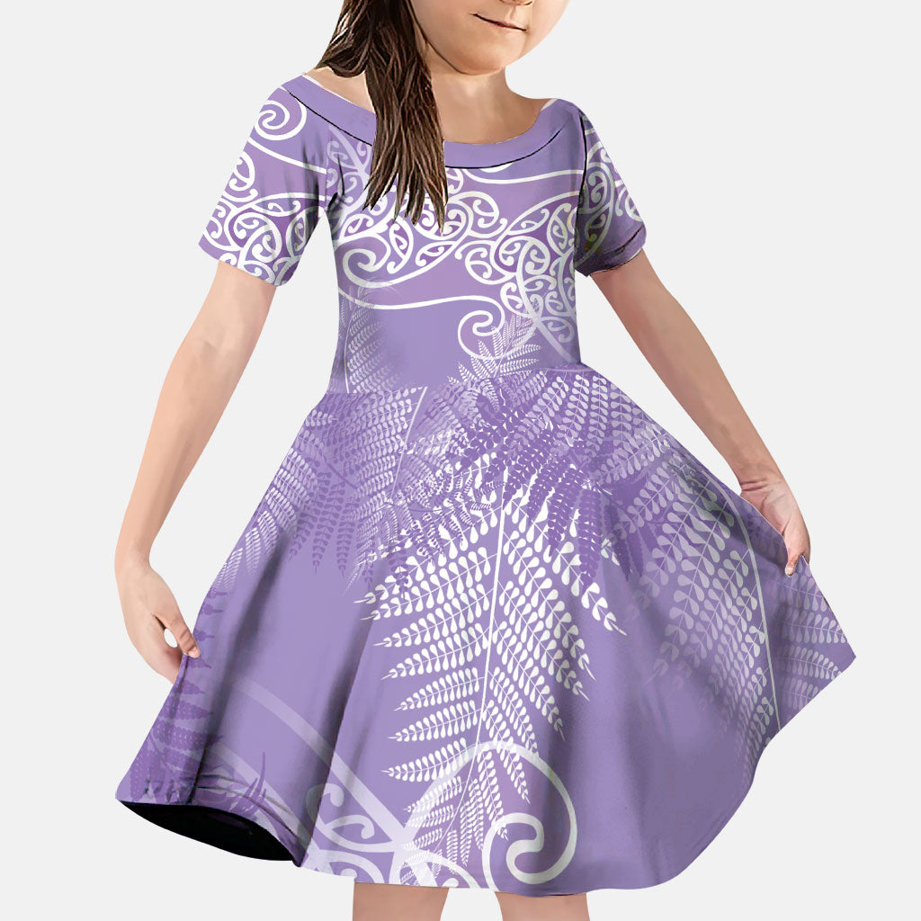 Aotearoa Maori Koru Curves Family Matching Tank Maxi Dress and Hawaiian Shirt Silver Ferns - Amethyst LT7 Daughter's Dress Purple - Polynesian Pride