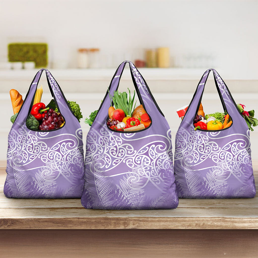 Aotearoa Maori Koru Curves Grocery Bag Silver Ferns - Amethyst LT7 3-pack One Size Purple - Polynesian Pride