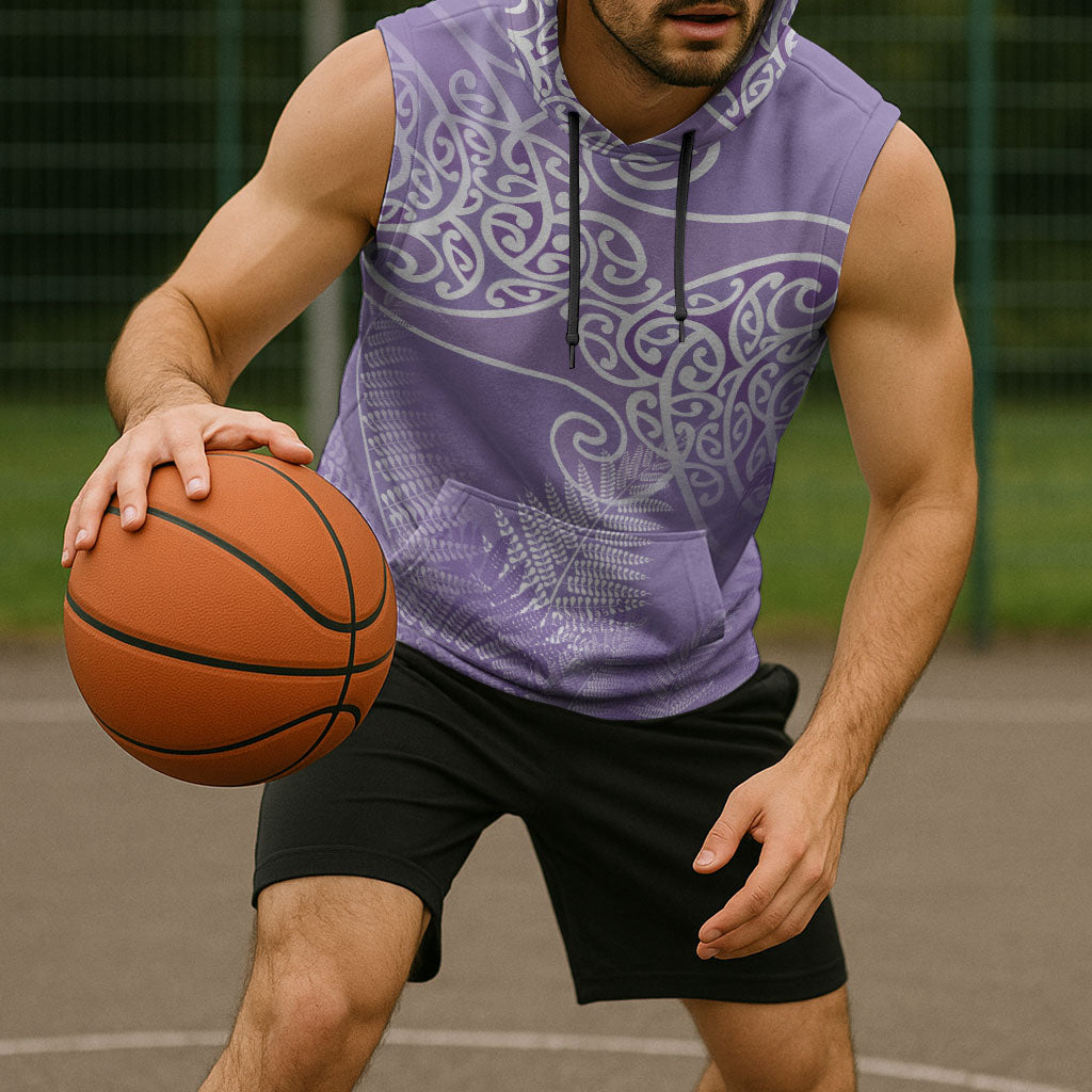 Aotearoa Maori Koru Curves Sleeveless Hoodie Silver Ferns - Amethyst LT7 - Polynesian Pride