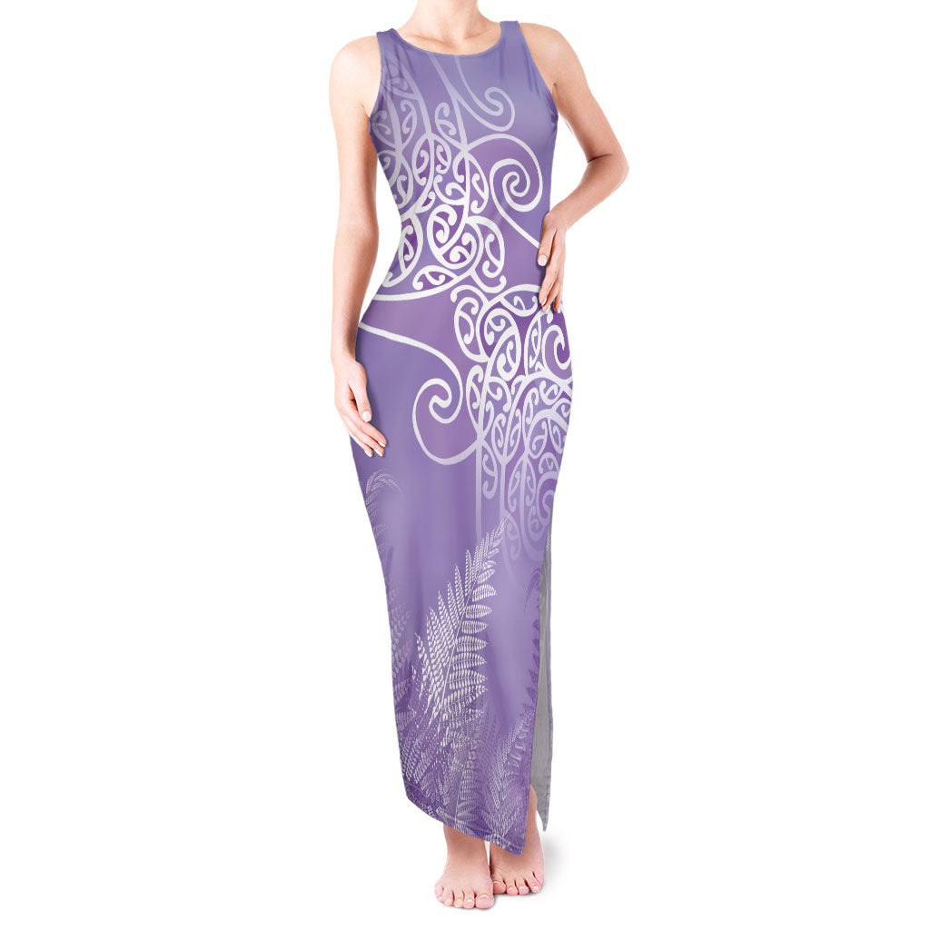 Aotearoa Maori Koru Curves Tank Maxi Dress Silver Ferns - Amethyst