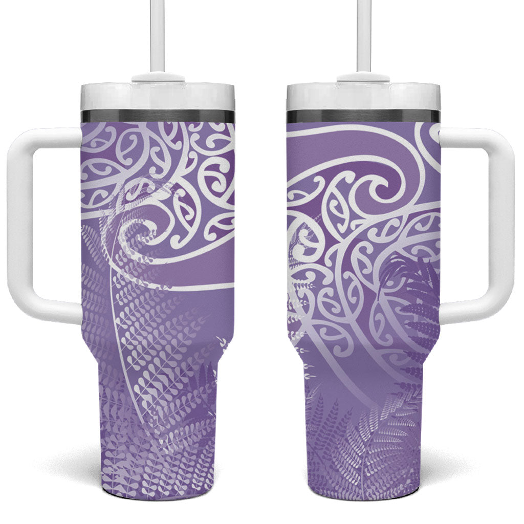 Aotearoa Maori Koru Curves Tumbler With Handle Silver Ferns - Amethyst LT7 One Size: 40 oz Purple - Polynesian Pride