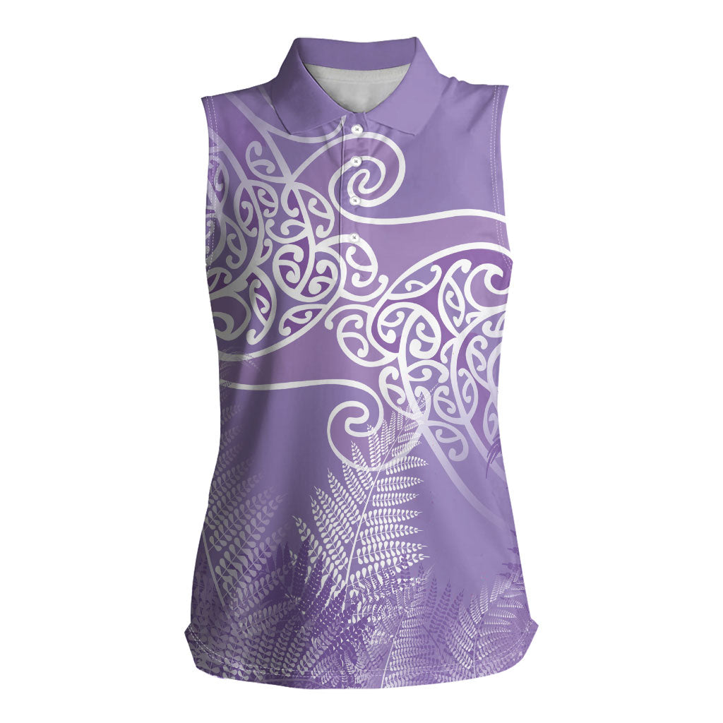Aotearoa Maori Koru Curves Women Sleeveless Polo Shirt Silver Ferns - Amethyst