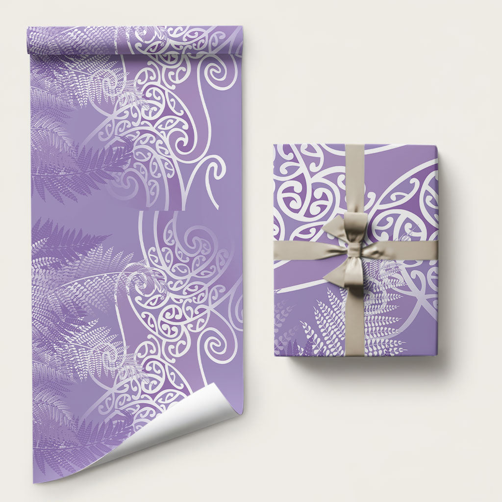 Aotearoa Maori Koru Curves Wrapping Paper Silver Ferns - Amethyst LT7 58" × 23" Purple - Polynesian Pride
