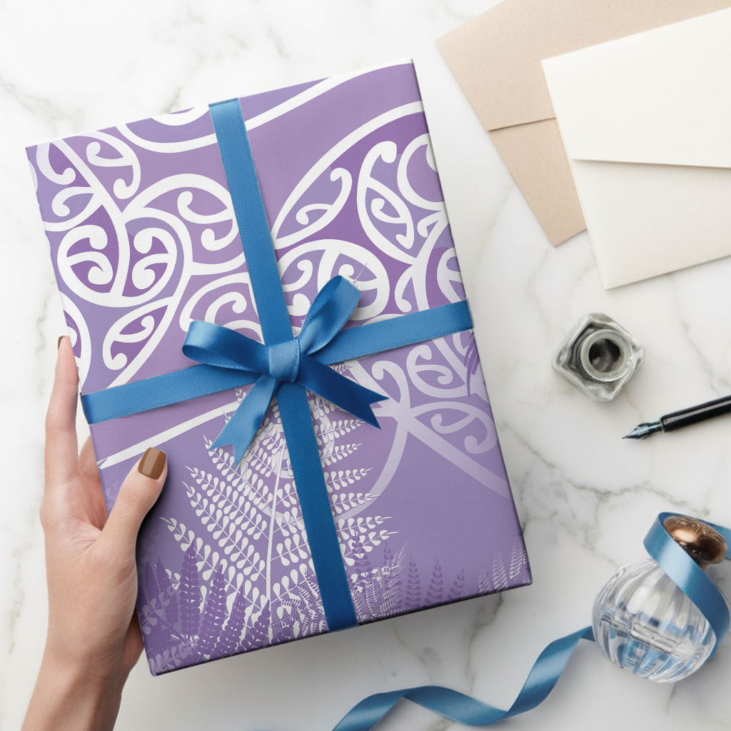 Aotearoa Maori Koru Curves Wrapping Paper Silver Ferns - Amethyst LT7 - Polynesian Pride