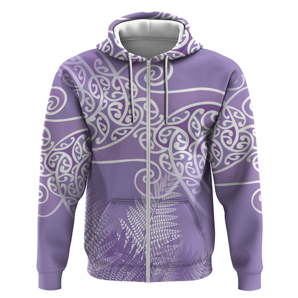 Aotearoa Maori Koru Curves Zip Hoodie Silver Ferns - Amethyst LT7 Zip Hoodie Purple - Polynesian Pride