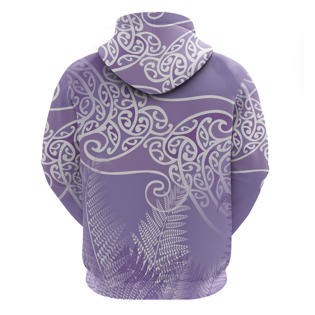 Aotearoa Maori Koru Curves Zip Hoodie Silver Ferns - Amethyst LT7 - Polynesian Pride