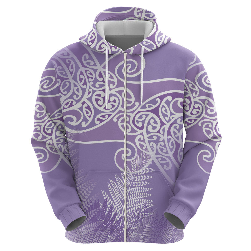 Aotearoa Maori Koru Curves Zip Hoodie Silver Ferns - Amethyst LT7 - Polynesian Pride
