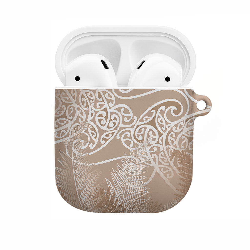 Aotearoa Maori Koru Curves AirPods Case Silver Ferns - Mocha LT7 Beige - Polynesian Pride