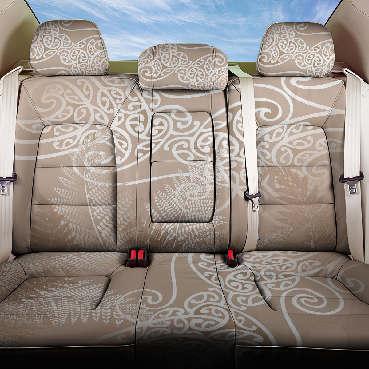 Aotearoa Maori Koru Curves Back Car Seat Cover Silver Ferns - Mocha LT7 One Size Beige - Polynesian Pride