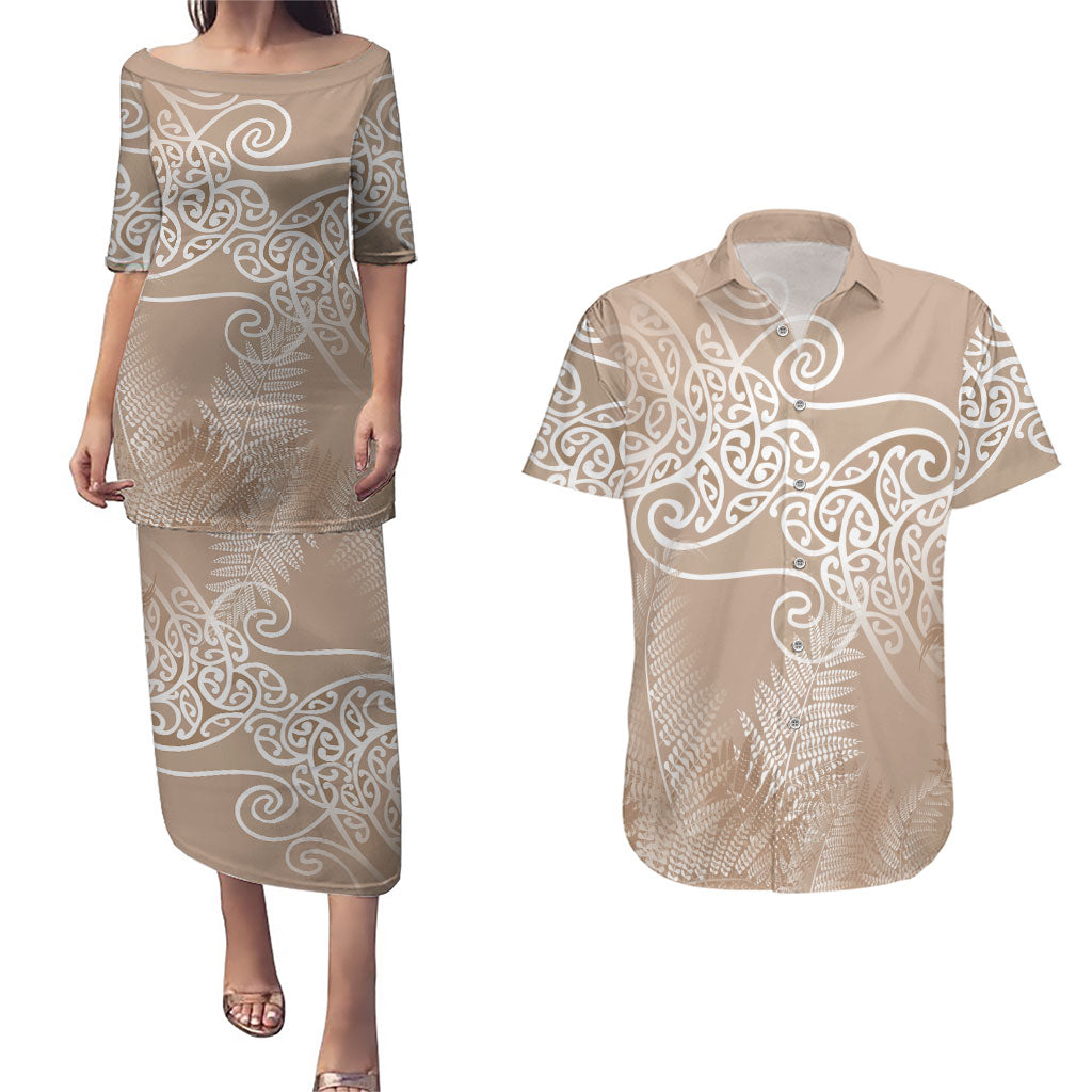 Aotearoa Maori Koru Curves Couples Matching Puletasi and Hawaiian Shirt Silver Ferns - Mocha LT7 Beige - Polynesian Pride